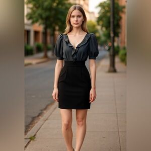 WISH COLLECTION Two-Toned Gray and Black Mixed Material Ruffle Sleeve Dress Sz S